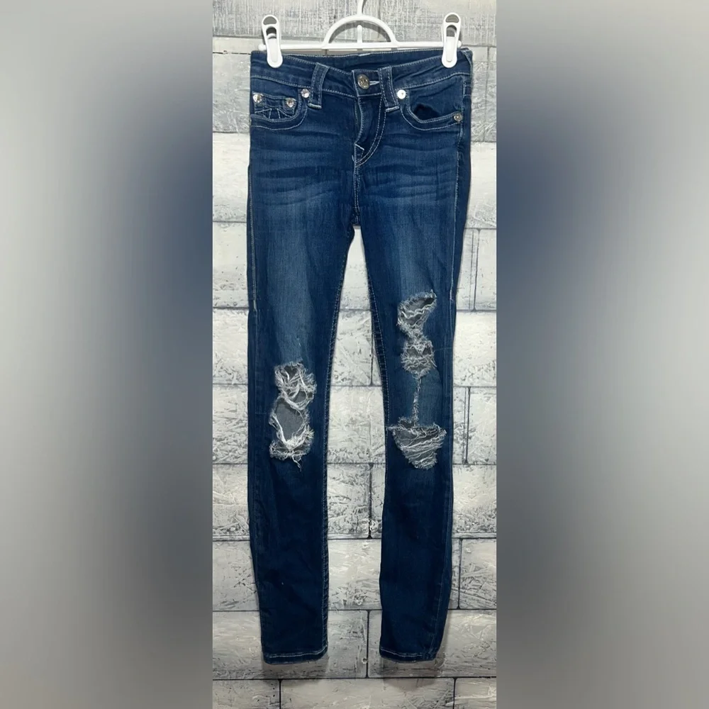 True Religion Distressed Mid-Rise Skinny Jeans Size 24 Dark Wash - Picture 3 of 10